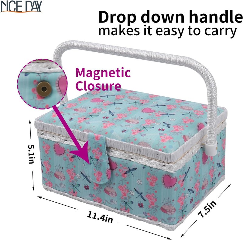 Nice Day Sewing Basket, Classic Fabric Design Sewing Kit Accessories Large Sewing Box Sewing Supplies Organizer and Storage Portable Sewing Kit Embroidery Boxn 11.4 x 7.5X 5.1in (Middle/Green) - Image 3